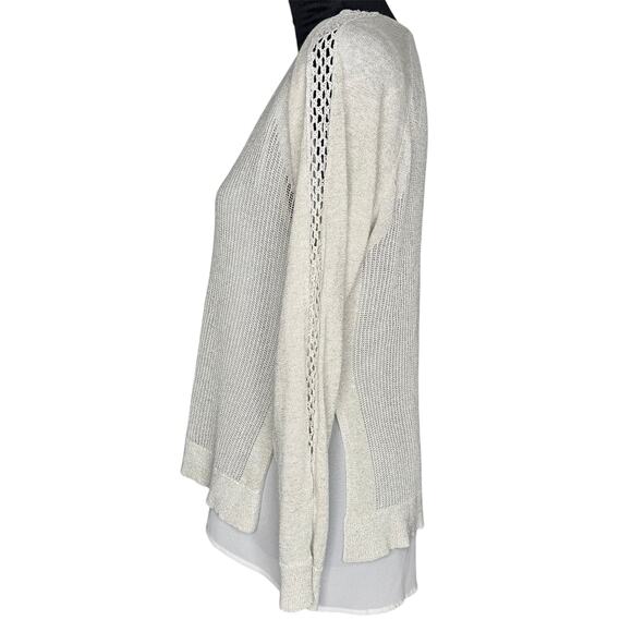 LUCKY BRAND Cream Gold Metallic Layered Crochet Sleeve V-neck Sweater Medium - Picture 3 of 10
